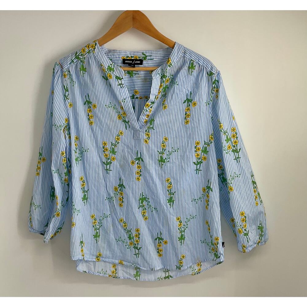 NAUTICA Jeans Floral Blue Stripes Top Blouse Large 3/4 Sleeve Office Preppy